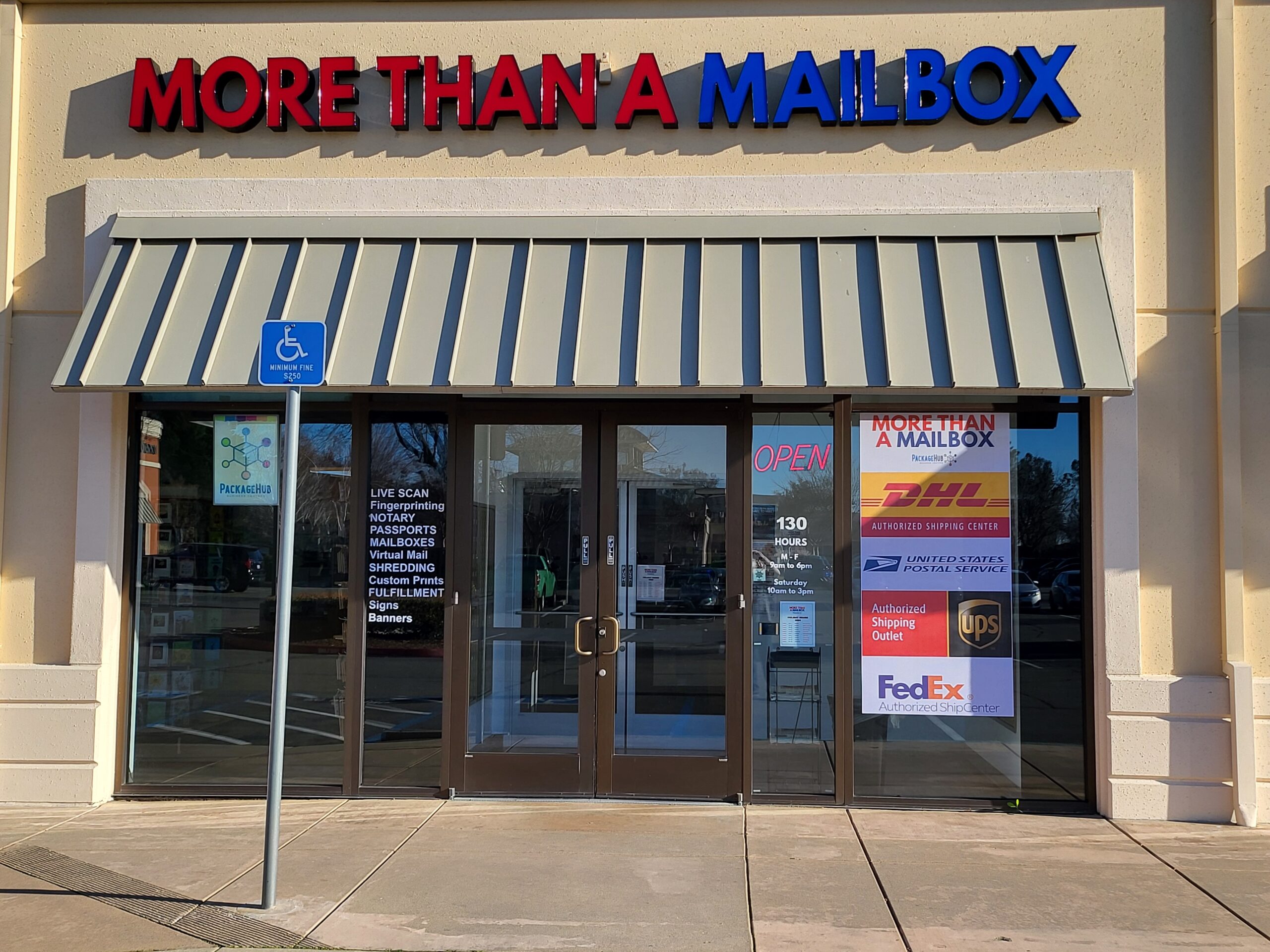 Front exterior of More Than A Mailbox store at Prairie City Road in Folsom