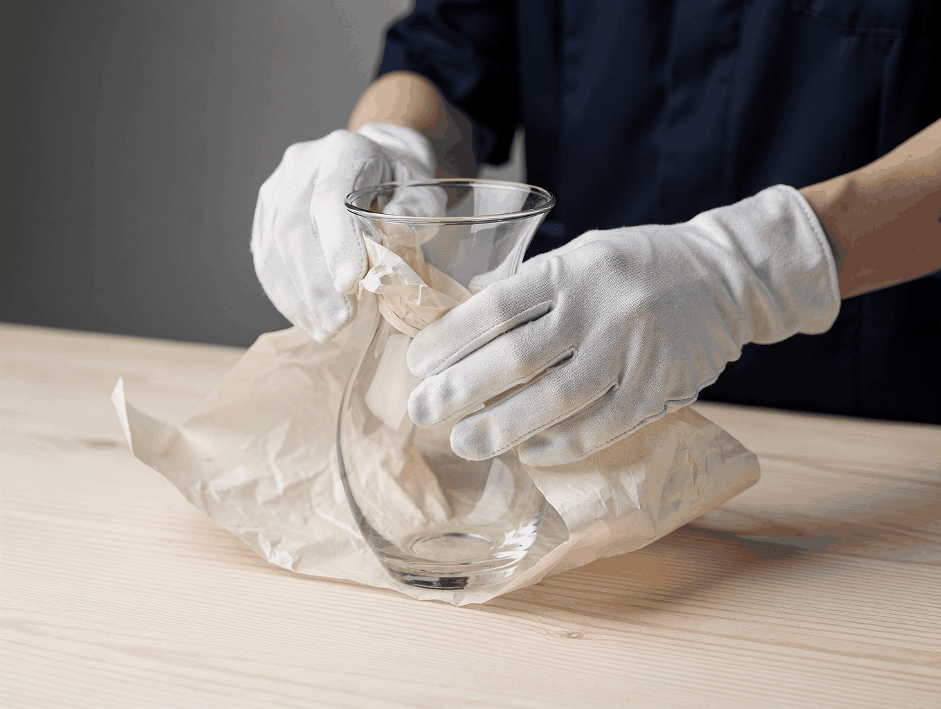 Staff member carefully boxing fragile glassware with unbranded protective materials at More Than A Mailbox