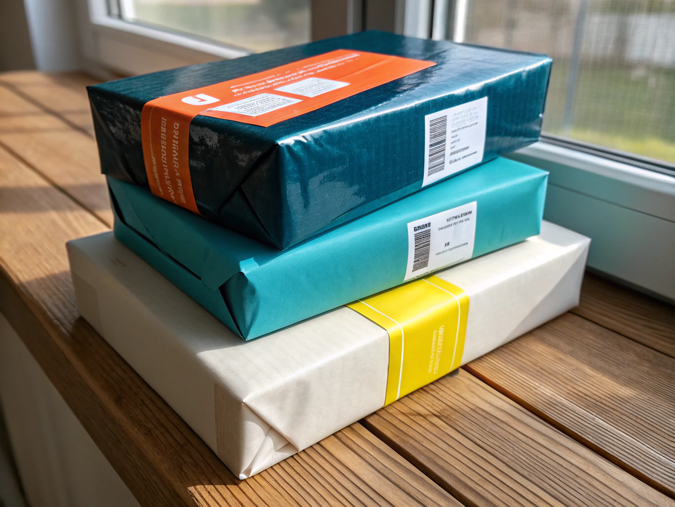 Unbranded packaged parcel placed beside international customs documentation and paperwork